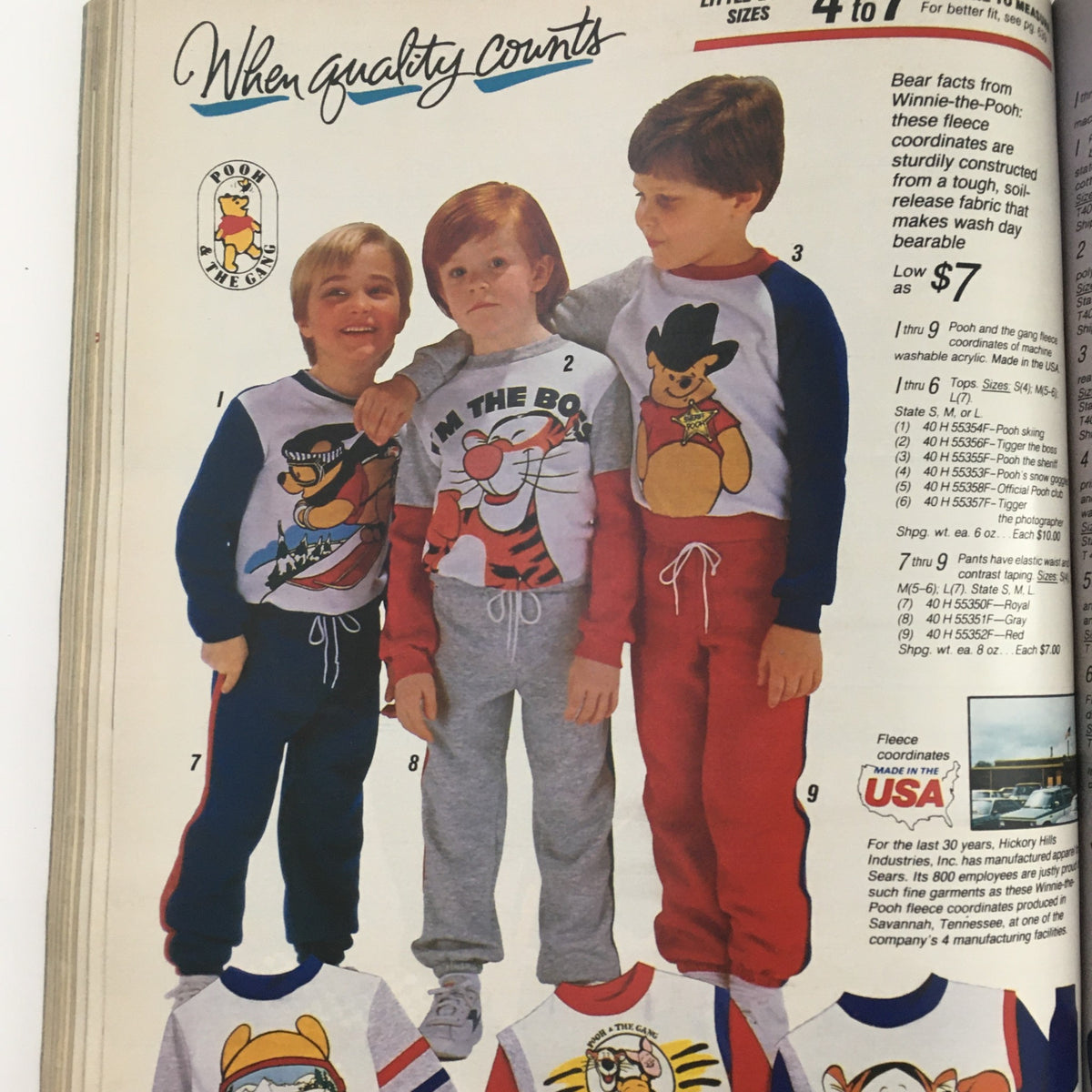 Inside page of Sears Fashion Apparel Sears Centennial 1976 Celebrating Sears catalog showing children wearing Winnie-the-Pooh themed fleece sets, emphasizing quality with the header 'When quality counts'.