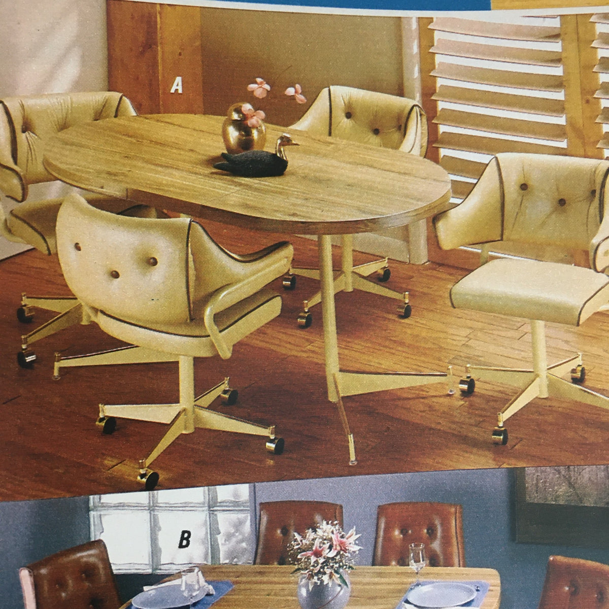 Sears Fashion Apparel Sears Centennial 1976 Celebrating Sears catalog image featuring a stylish dining table set with four cream and beige rolling chairs, showcasing a modern home furnishing design.