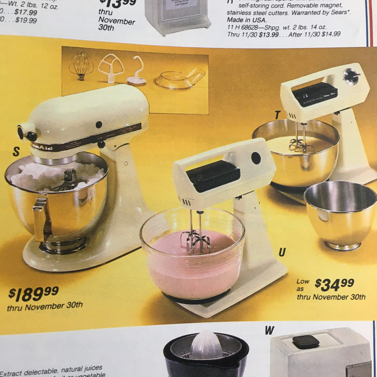 Sears Fashion Apparel Sears Centennial 1976 Celebrating Sears catalog image displaying a variety of kitchen mixers, including a stand mixer and a hand mixer, highlighting cooking essentials from the era.