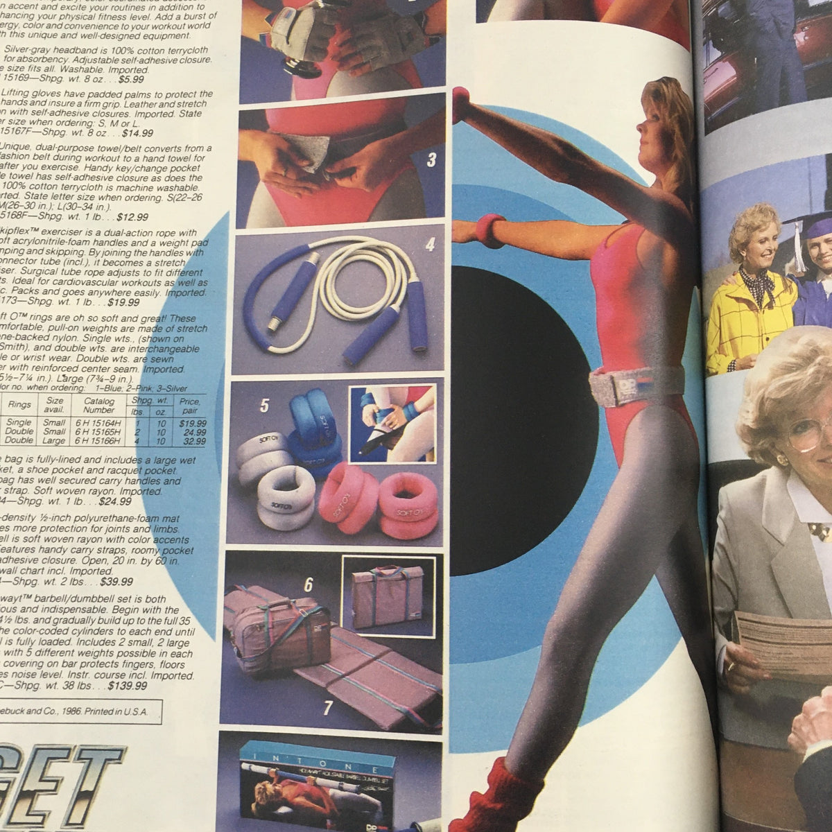 Sears Fashion Apparel Sears Centennial 1976 Celebrating Sears catalog image featuring fitness equipment and accessories including weights, a jump rope, and a woman in workout attire, illustrating fitness trends of the time.