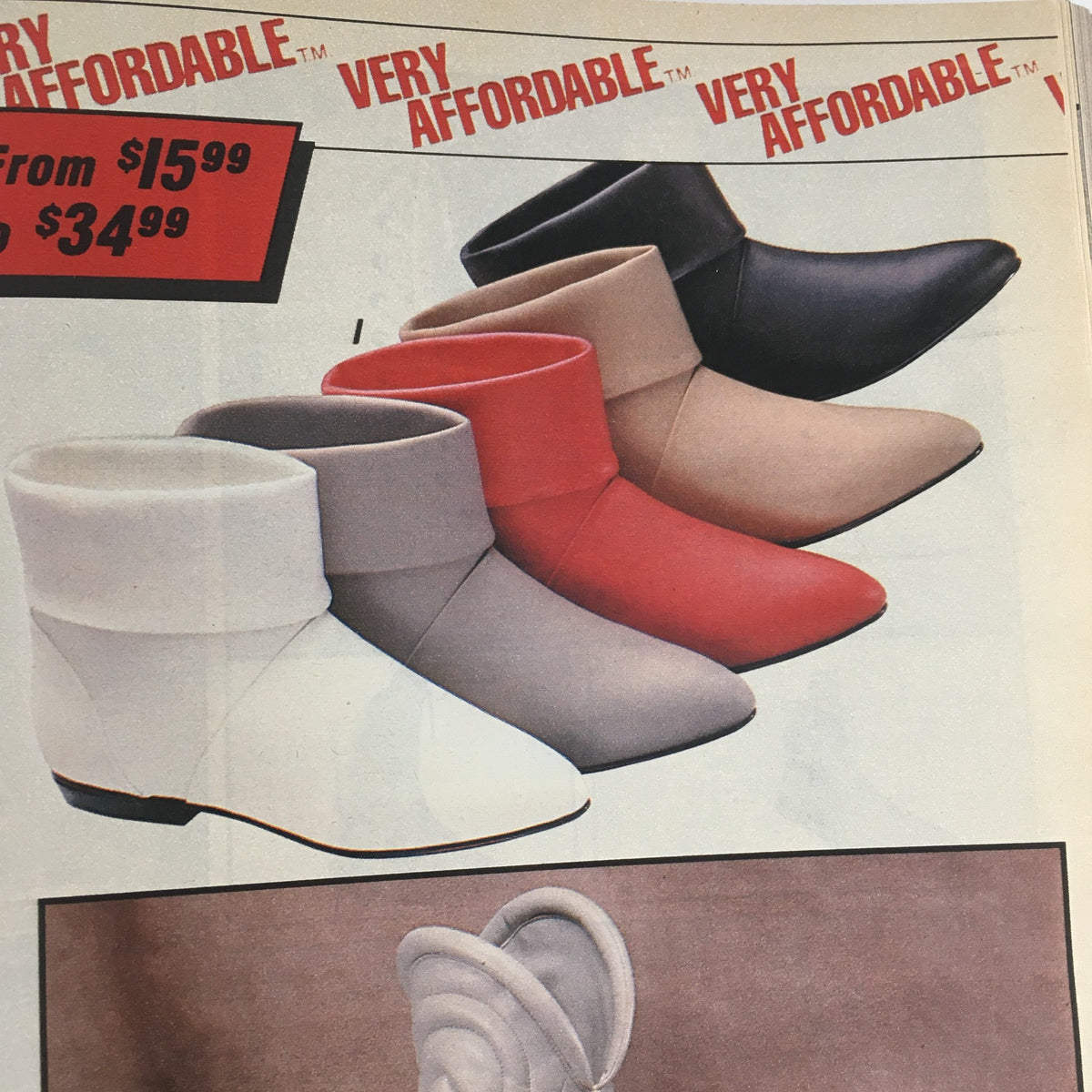 Sears Fashion Apparel Sears Centennial 1976 showcasing affordable stylish ankle boots in various colors including white, beige, red, and black.
