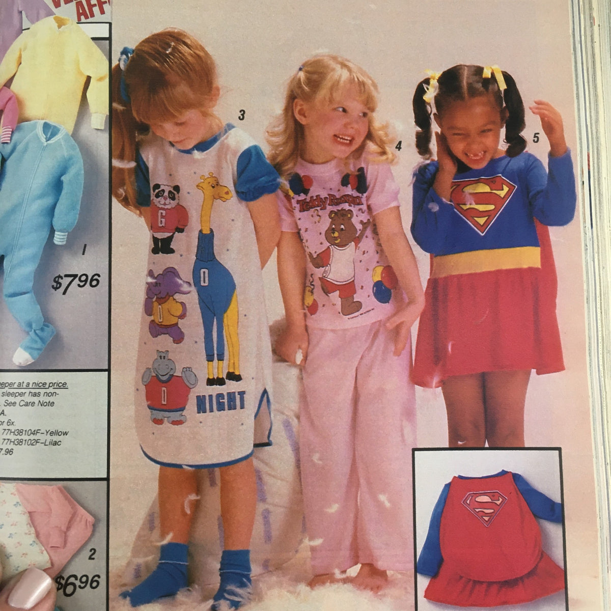 Sears Fashion Apparel Sears Centennial 1976 featuring children in playful pajamas including a Supergirl themed outfit, highlighting fun and affordable kids' fashion.