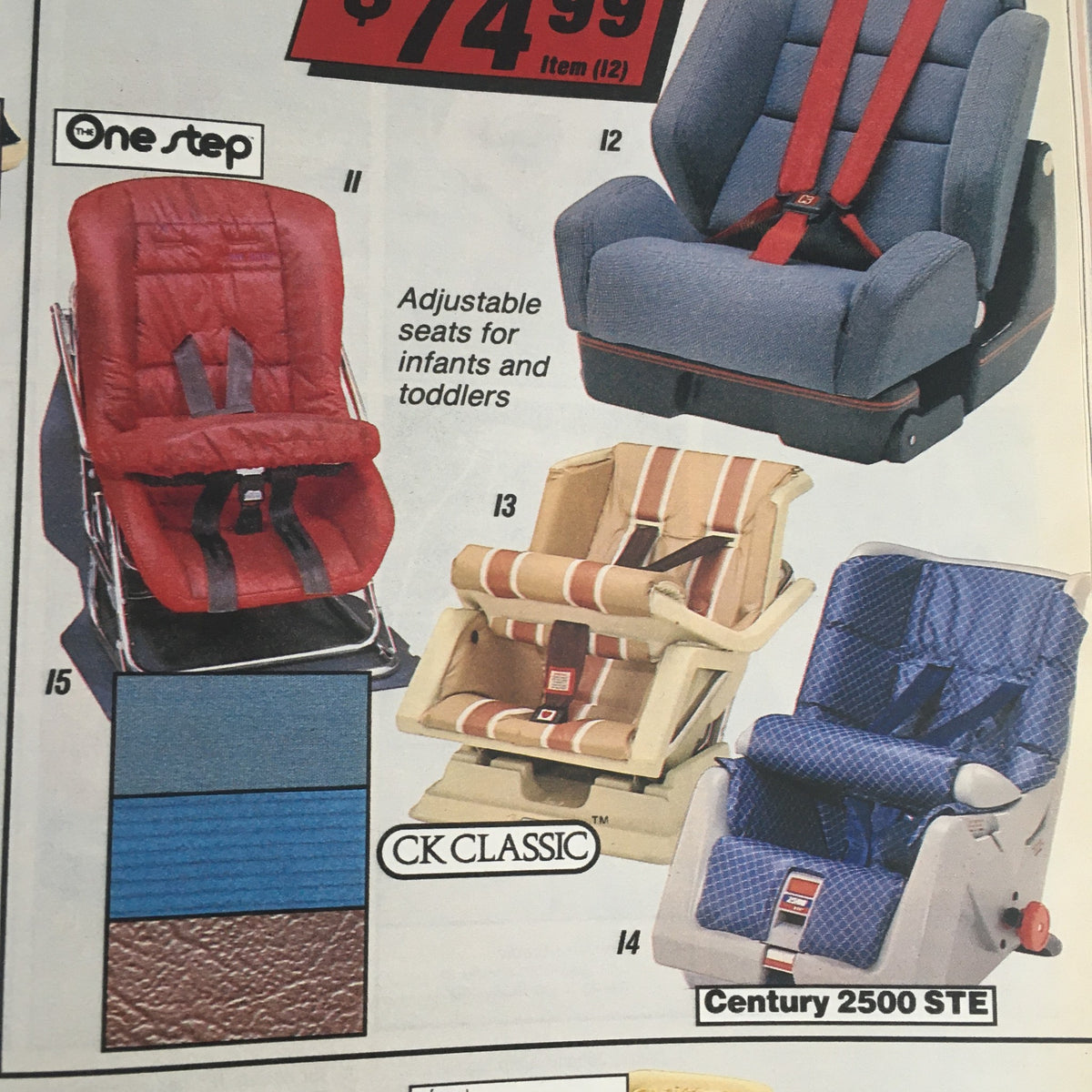 Sears Fashion Apparel Sears Centennial 1976 displaying a variety of infant and toddler car seats, promoting safety and comfort for young children.
