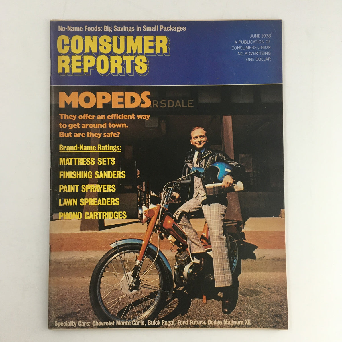 Cover of Consumer Reports Magazine June 1978 featuring the theme 'Big Savings in Small Packages' with an emphasis on mopeds and consumer ratings on products. The cover showcases a man in a leather jacket riding a moped, highlighting articles about budget-friendly consumer choices.