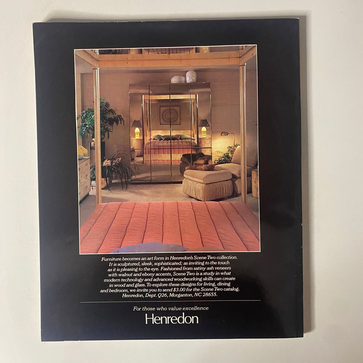 Vintage advertisement featuring a sophisticated bedroom design from Henredon, highlighting the sleek and sculptural furniture of the Scene Two collection, as seen in the Connoisseur Magazine February 1986 issue titled "N.Y. Fashion Behind The Scenes."