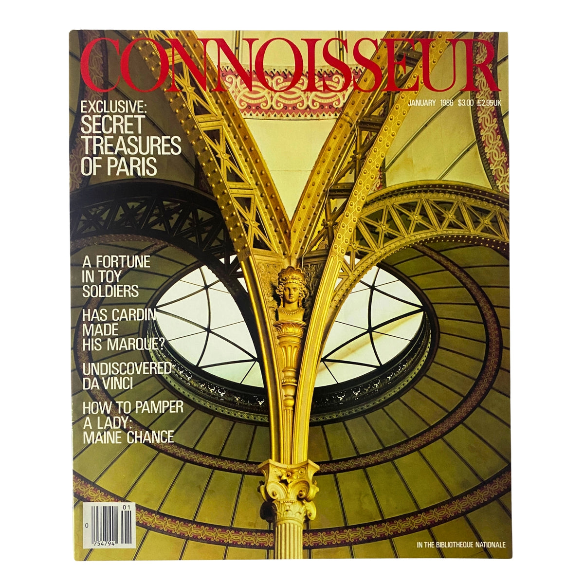 Cover of Connoisseur Magazine January 1986 featuring the title 'Secret Treasures of Paris'. The cover displays elegant architecture with ornate golden details and captures the essence of Parisian culture and luxury.