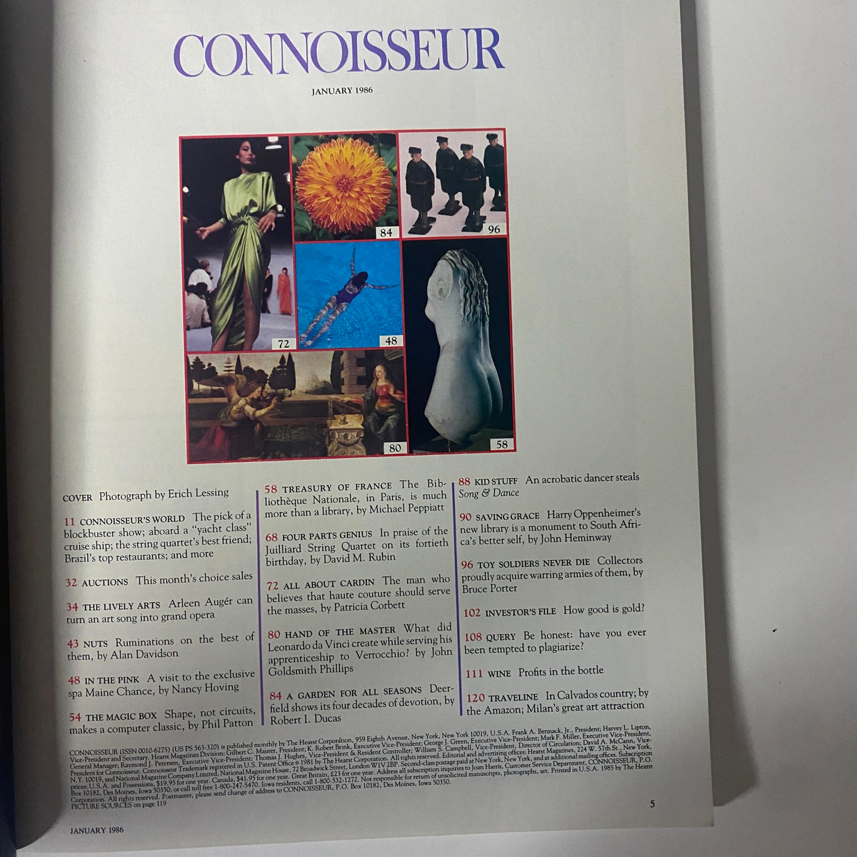Table of contents of Connoisseur Magazine January 1986, showcasing articles including 'Treasury of France' and 'All About Cardin'. The page highlights images and article summaries related to art, fashion, and culture.