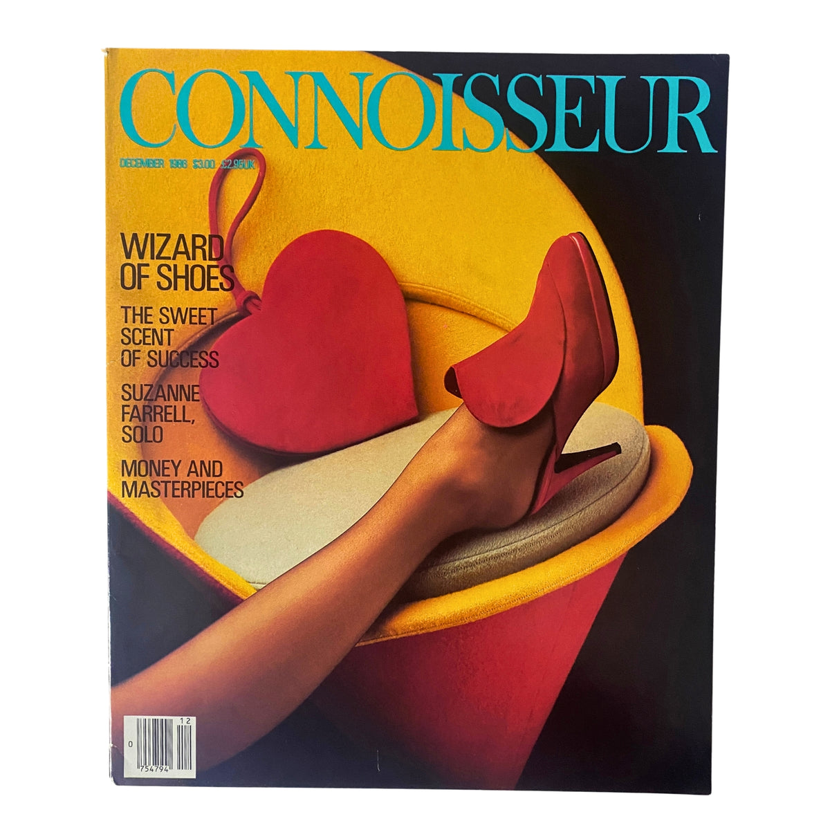 Connoisseur Magazine December 1986 - Wizard of Shoes cover featuring a stylish red high heel shoe against a vibrant background.