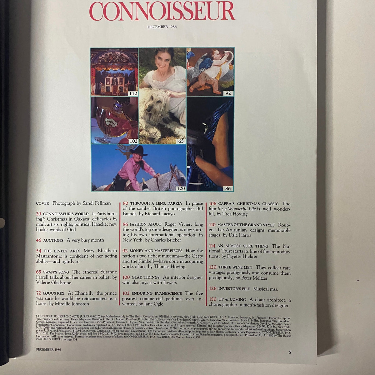 Connoisseur Magazine December 1986 - Contents page showcasing featured articles and photography from the issue.