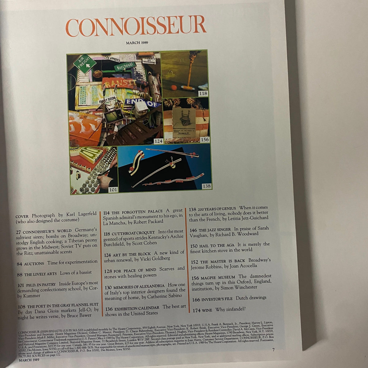 Connoisseur Magazine March 1989, showcasing a collage of images related to articles featured, including French design and culture.