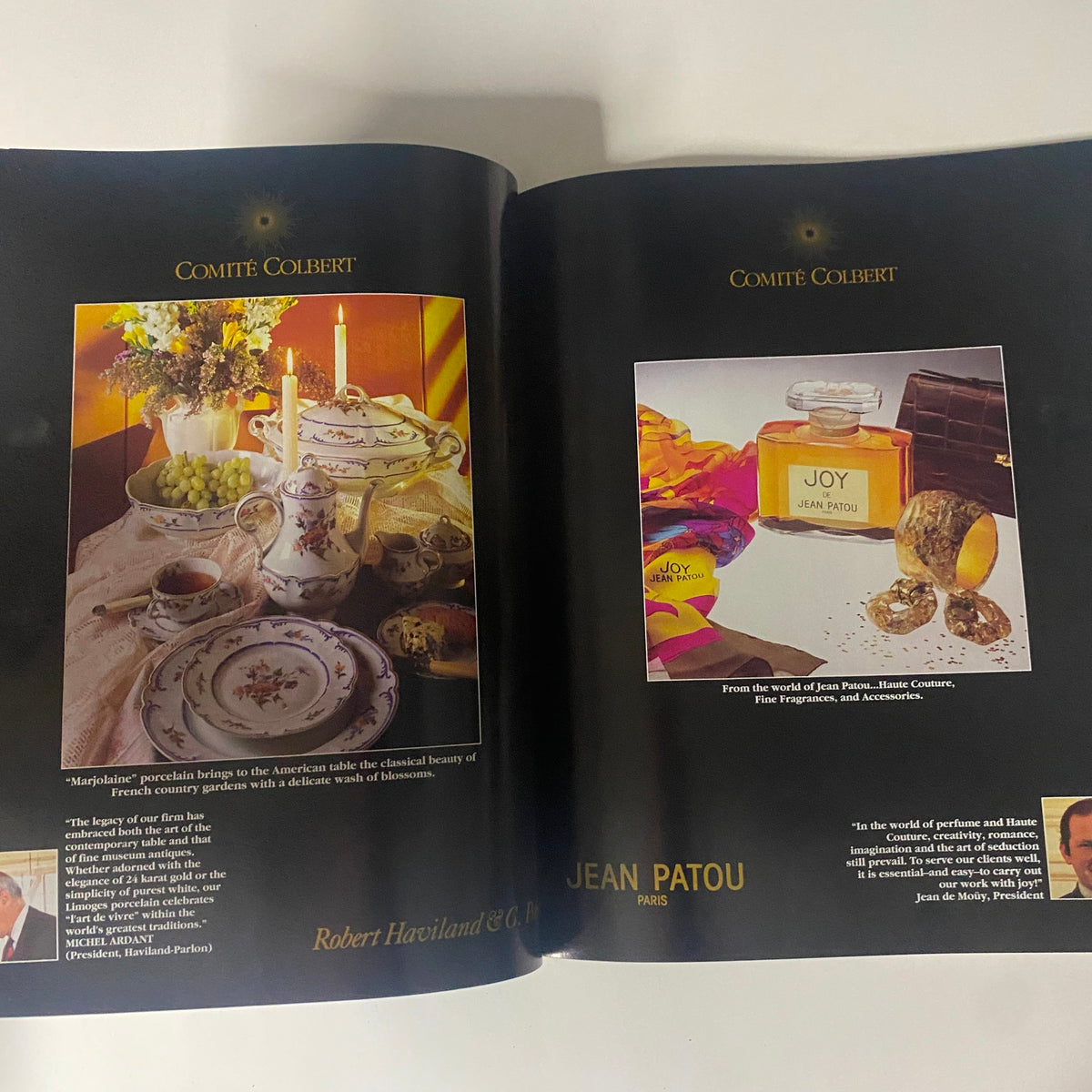 Connoisseur Magazine March 1989, featuring a high-quality advertisement for Jean Patou with elegant table settings and perfume.