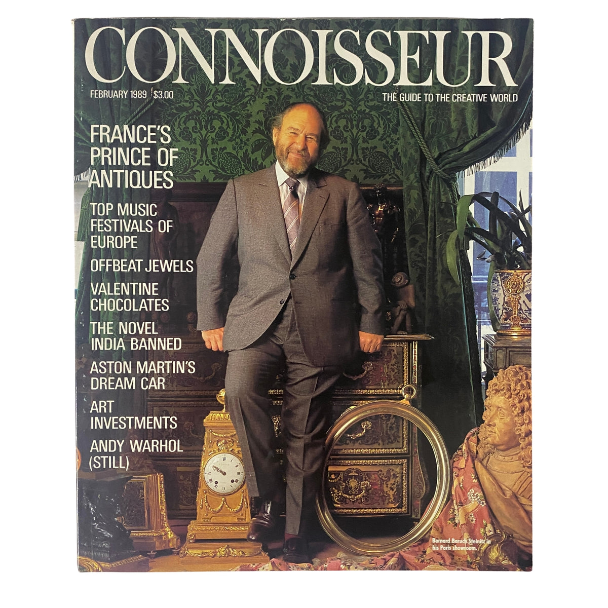 Cover of Connoisseur Magazine February 1989 featuring 'France's Prince of Antiques', showcasing a distinguished man in a suit standing in an opulent setting with antique decor.