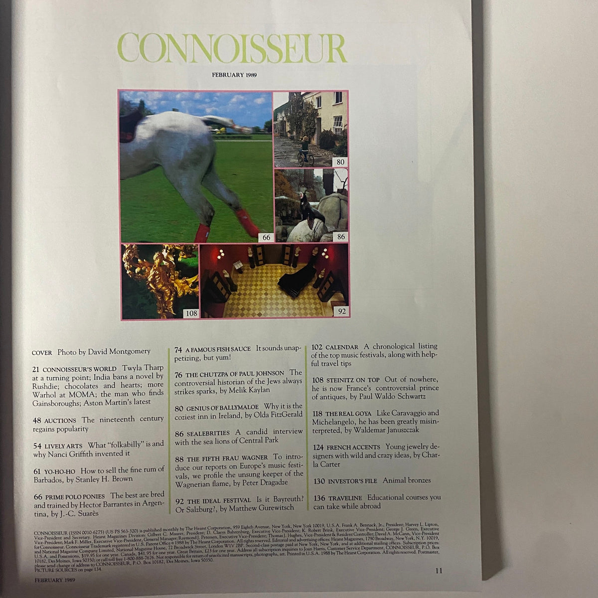 Interior page of Connoisseur Magazine February 1989 displaying a table of contents with articles including 'Steinitz on Top' and features on music festivals and fine arts.