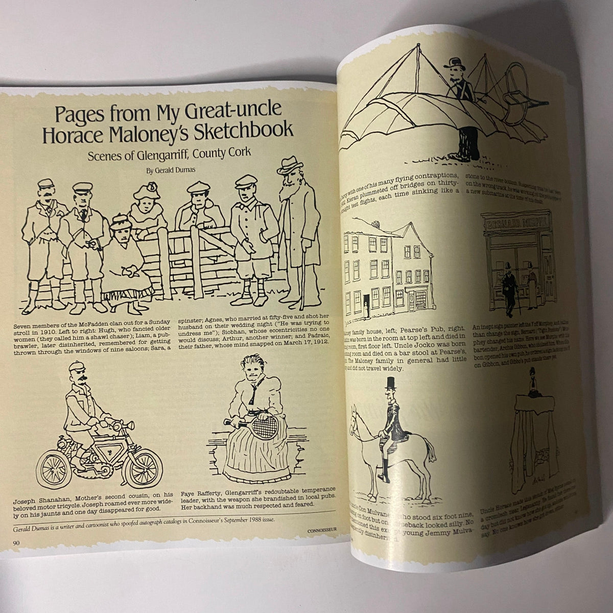 Illustrated article from Connoisseur Magazine January 1989 titled 'Pages from My Great-uncle Horace Maloney's Sketchbook,' showcasing sketches and storytelling related to historical insights.