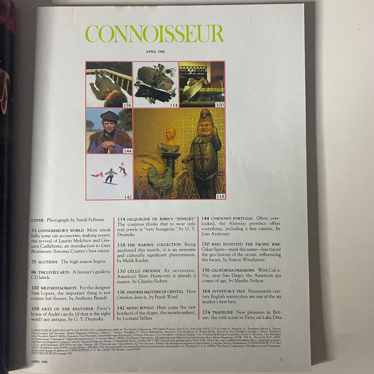 Table of contents page from Connoisseur Magazine April 1988, highlighting featured articles including 'The Warhol Collection' and 'Jacqueline de Ribes’s Jewelry.' A snapshot of cultural reflections from the 1980s.