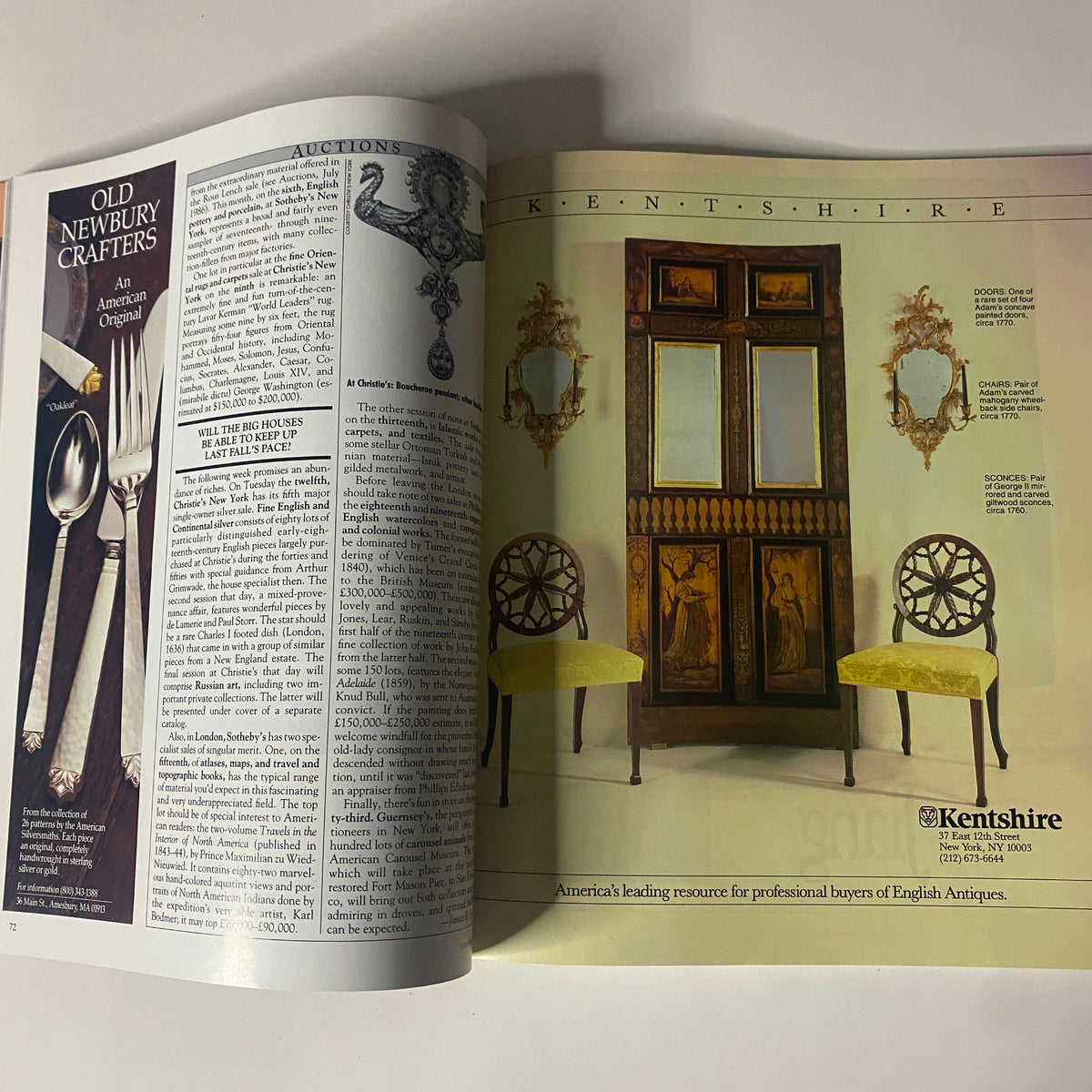 Interior advertisement from Connoisseur Magazine April 1988 showcasing antique furniture by Kentshire, featuring a decorative door and chairs with elegant detailing. Perfect for vintage furniture lovers.