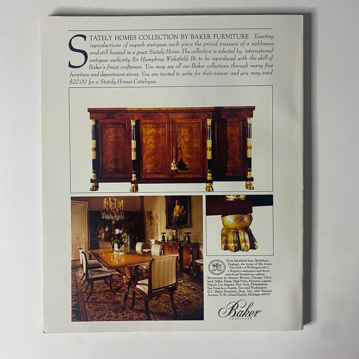 Back cover of Connoisseur Magazine April 1988 advertising the Stately Homes Collection by Baker Furniture, displaying antique furniture pieces and elegant interior design. Ideal for collectors and décor enthusiasts.