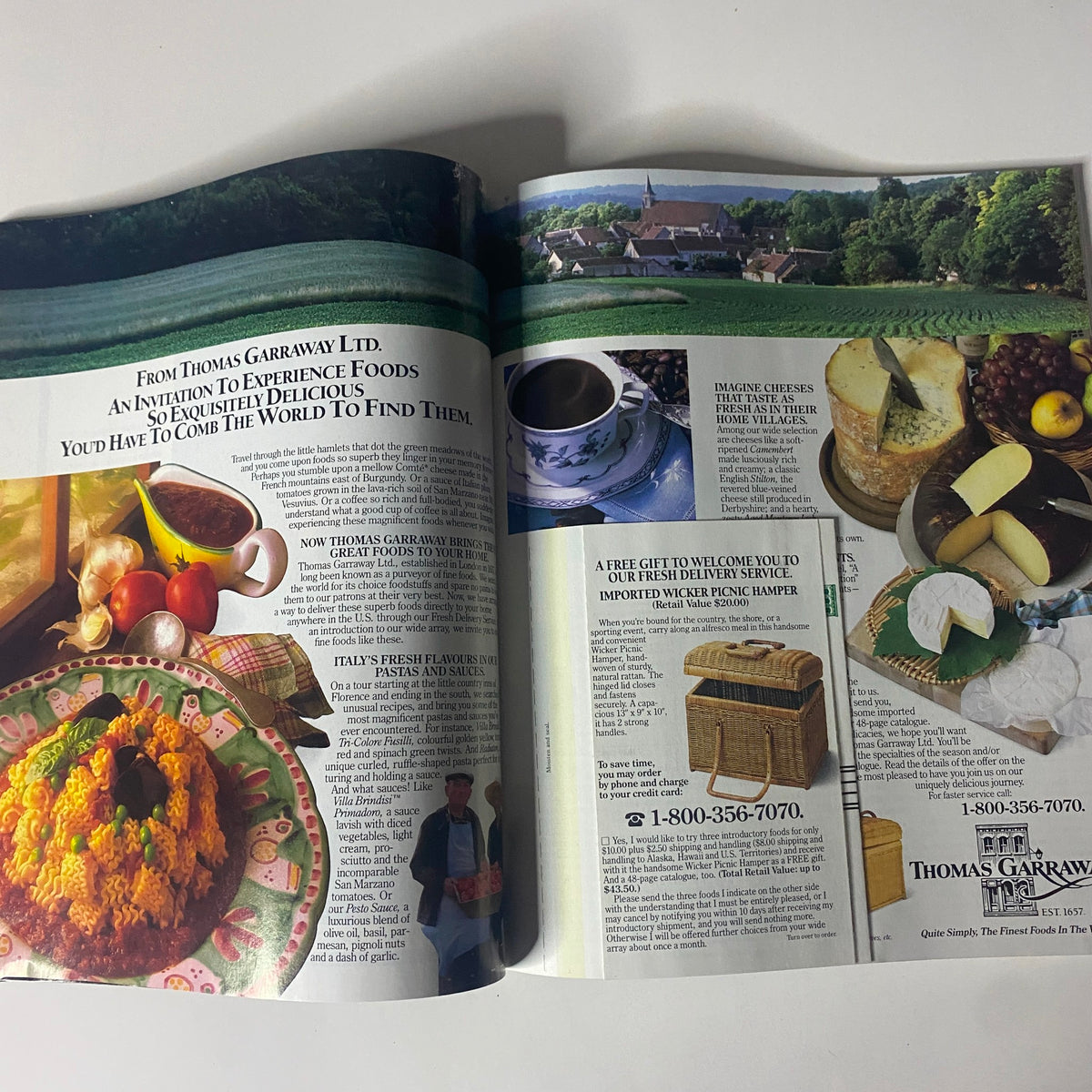 Inside page from Connoisseur Magazine March 1988 featuring an advertisement for Thomas Garraway Ltd, promoting exquisite foods and culinary experiences.
