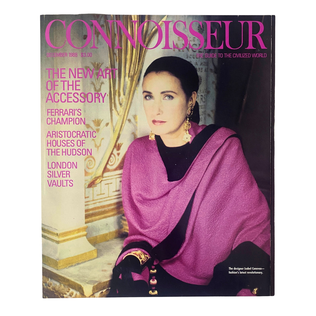 Cover of Connoisseur Magazine December 1988 featuring designer Isabel Canovas, highlighting bold accessories and fashion.