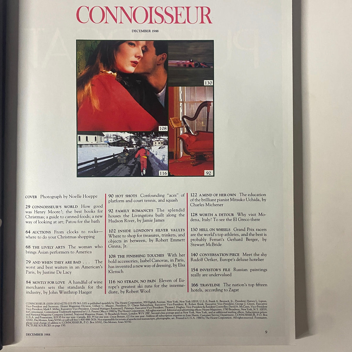 Table of contents for Connoisseur Magazine December 1988, showcasing articles and features including fashion, art, and luxury.