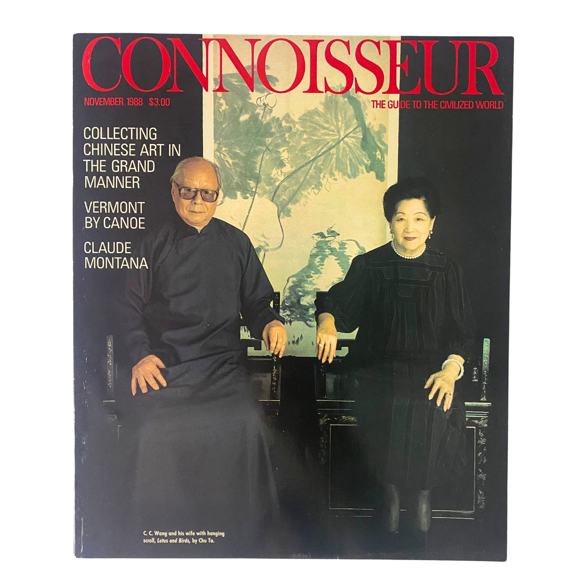 Cover of Connoisseur Magazine November 1988 featuring C.C. Wang and his wife, highlighting Chinese art and culture.