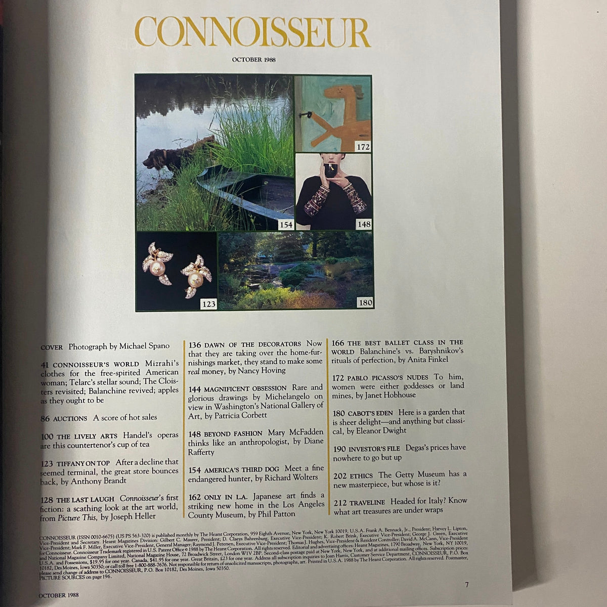 Table of contents page from Connoisseur Magazine, October 1988 showcasing articles on art, literature, and culture, underlining its relevance in the contemporary art scene.