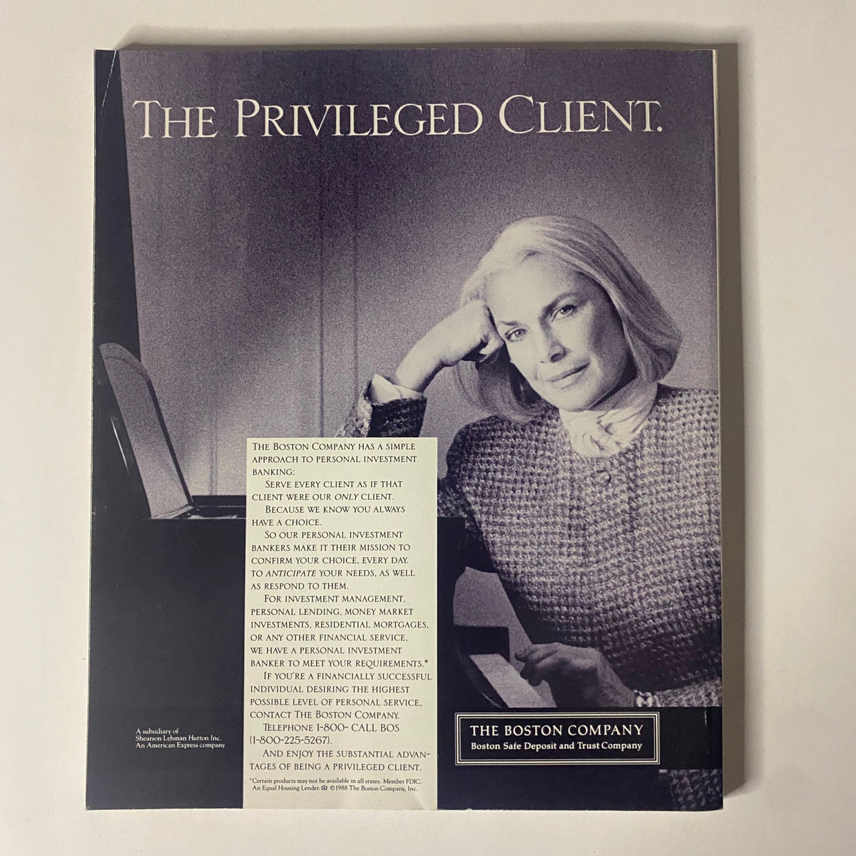 Back cover of Connoisseur Magazine, October 1988 featuring an advertisement for The Boston Company, emphasizing personal investment banking in an elegant design.
