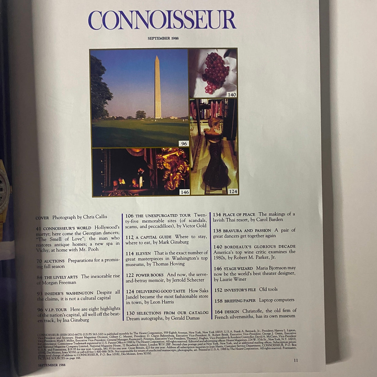 Inside page of Connoisseur Magazine, September 1988 showcasing notable sections including 'The Unexpurgated Tour' and 'A Capital Guide' along with images of landmarks and art.