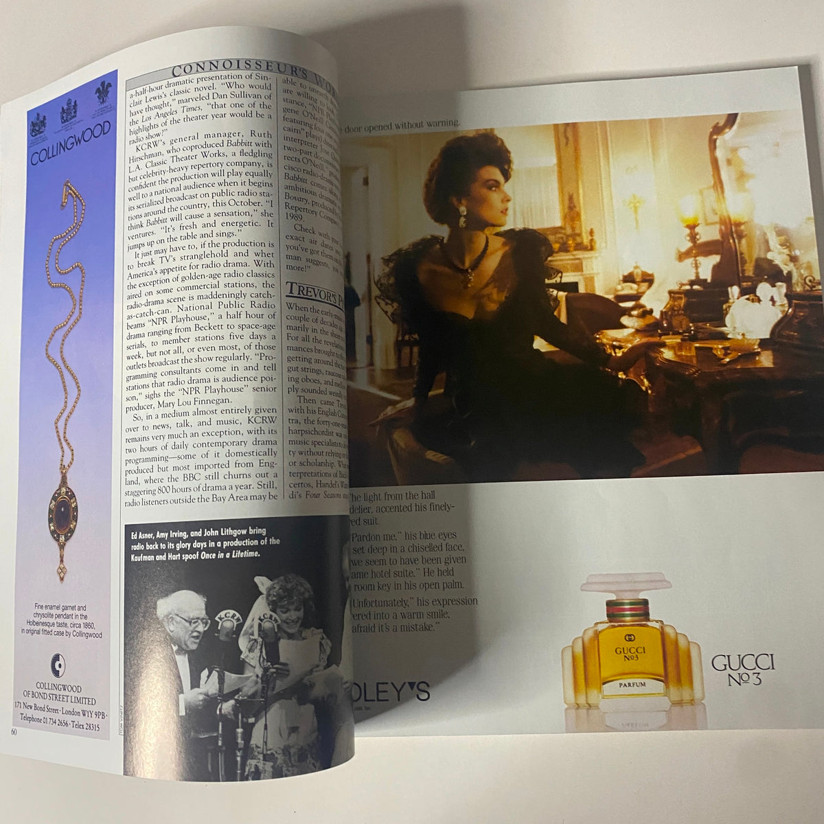 Inside spread of Connoisseur Magazine, September 1988 featuring an elegant woman in a lavish setting alongside an advertisement for Gucci No. 3 perfume.