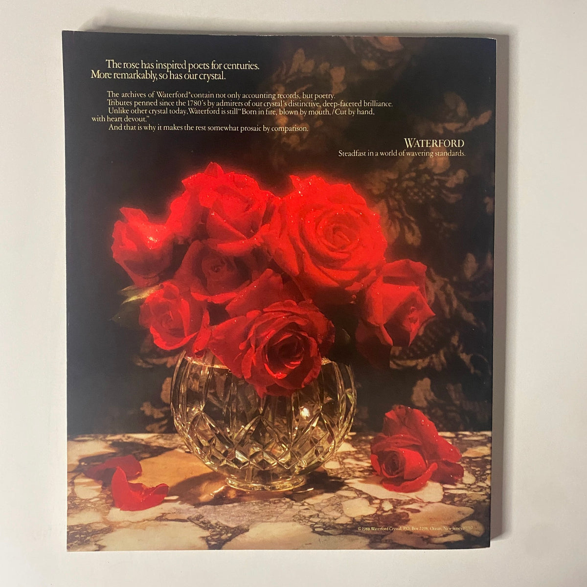 Back cover of Connoisseur Magazine, September 1988 displaying a striking arrangement of red roses in a crystal vase with branding for Waterford.