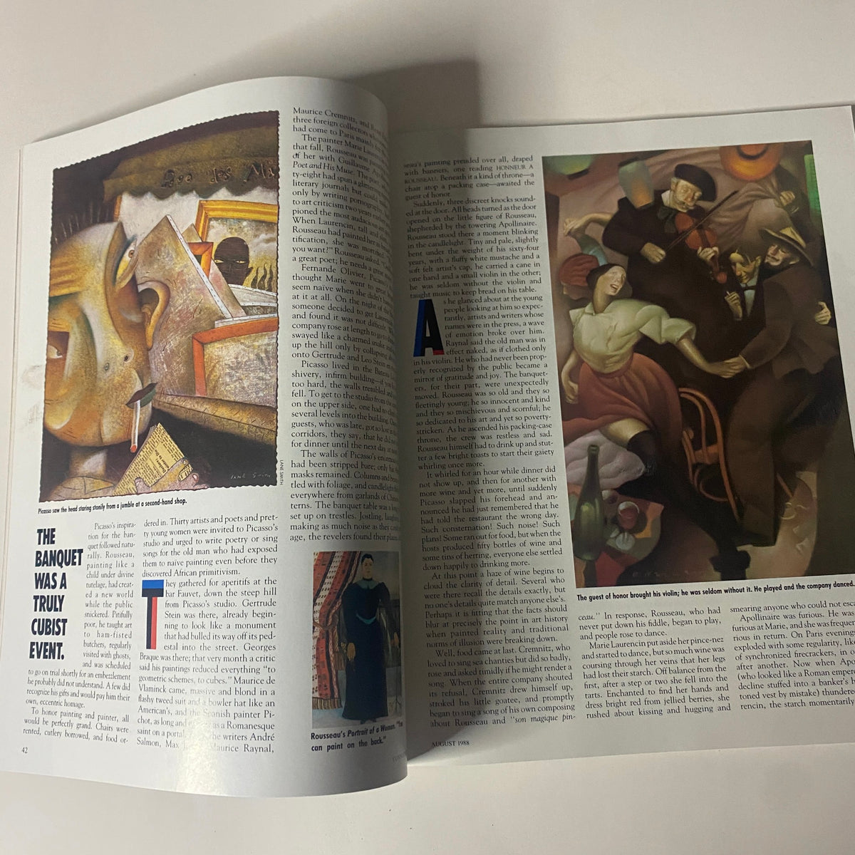 An article spread from Connoisseur Magazine August 1988, detailing the banquet held for Henri Rousseau, showcasing art history themes.