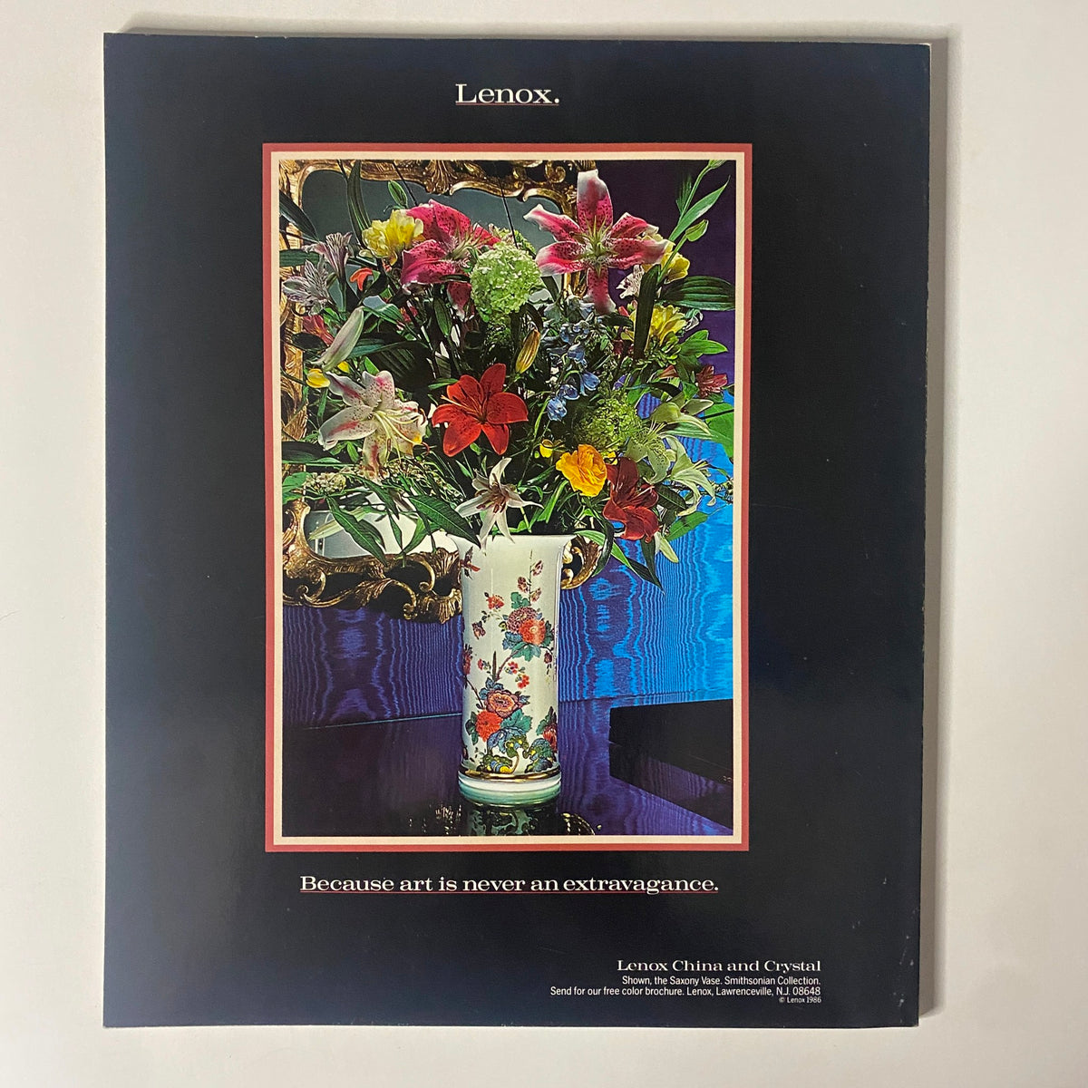 Back cover of Connoisseur Magazine August 1988, featuring an advertisement for Lenox China and Crystal with a beautiful vase filled with flowers.