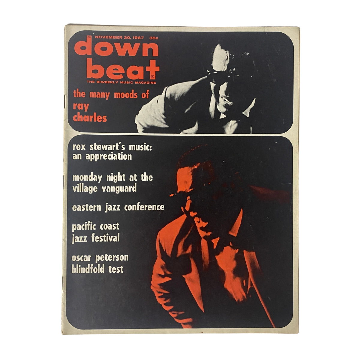 Cover of Down Beat Magazine, November 30, 1967, featuring the title 'The Many Moods of Ray Charles' with a striking black and white image of Ray Charles.