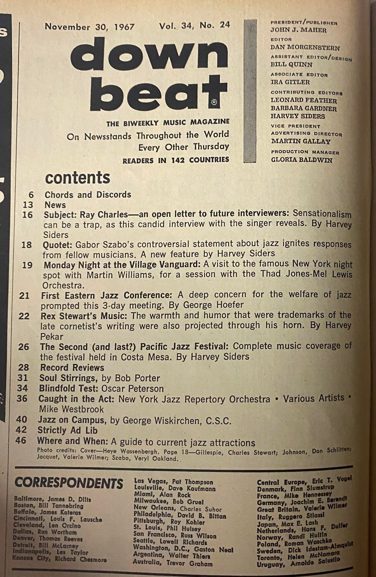 Contents page of Down Beat Magazine, November 30, 1967, detailing articles including an open letter to future interviewers with Ray Charles and event coverage from the jazz scene.