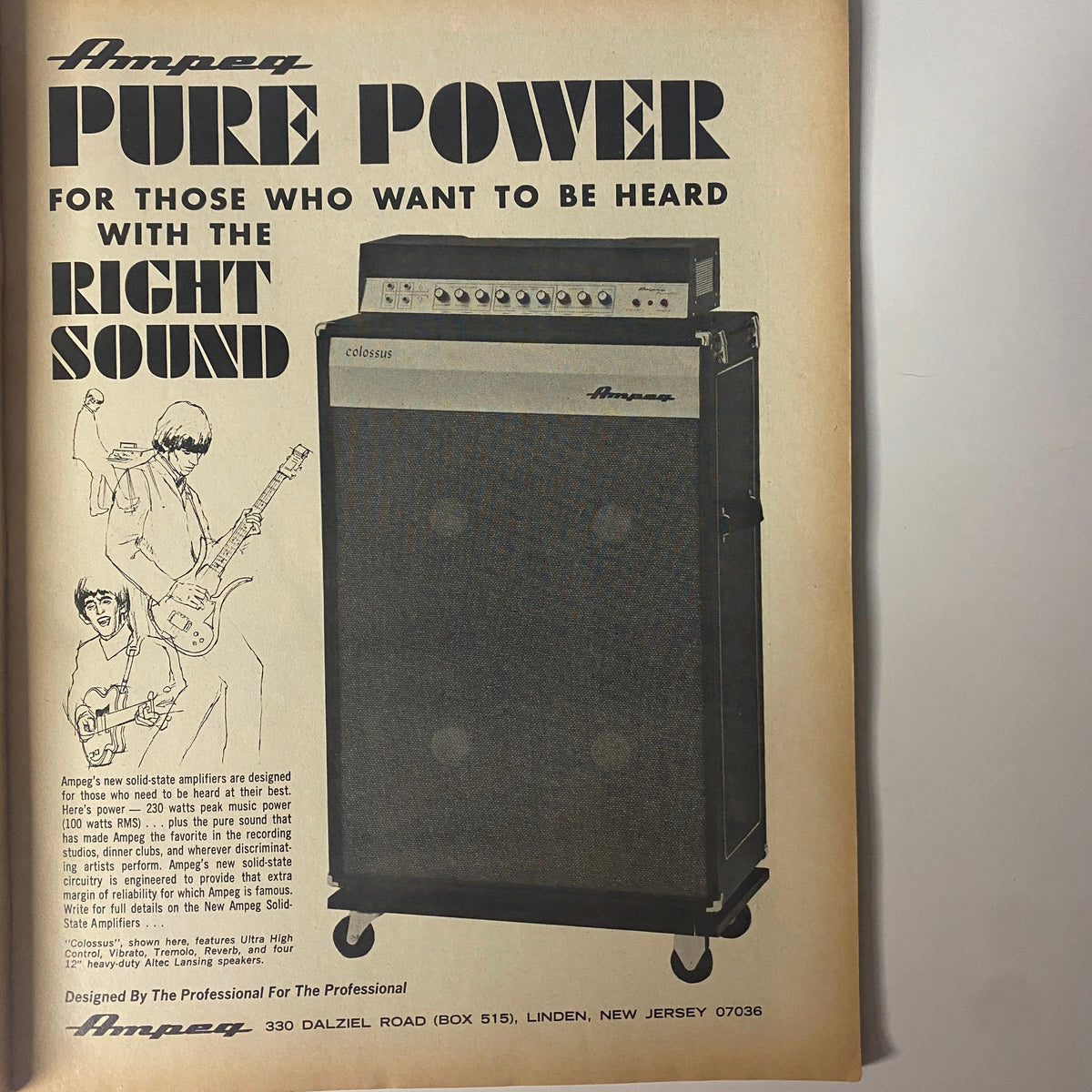 Vintage Ampeg amplifier advertisement from Down Beat Magazine, November 30, 1967, promoting 'pure power' for musicians with a depiction of a guitarist.
