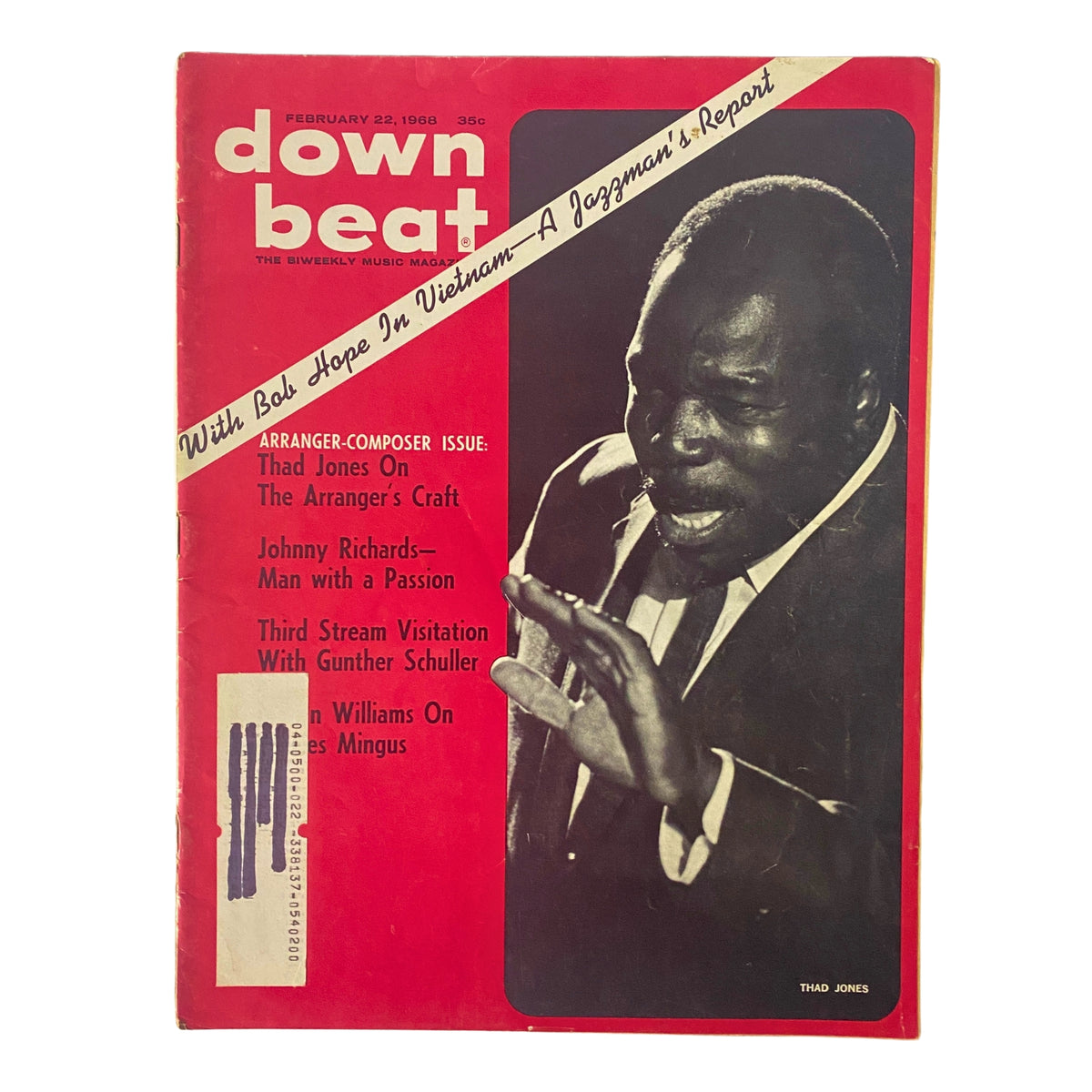 Cover of Down Beat Magazine February 22, 1968 featuring Thad Jones, with the headline 'With Bob Hope In Vietnam - A Jazzman's Report', showcasing a vibrant image that captures the essence of jazz at the time.
