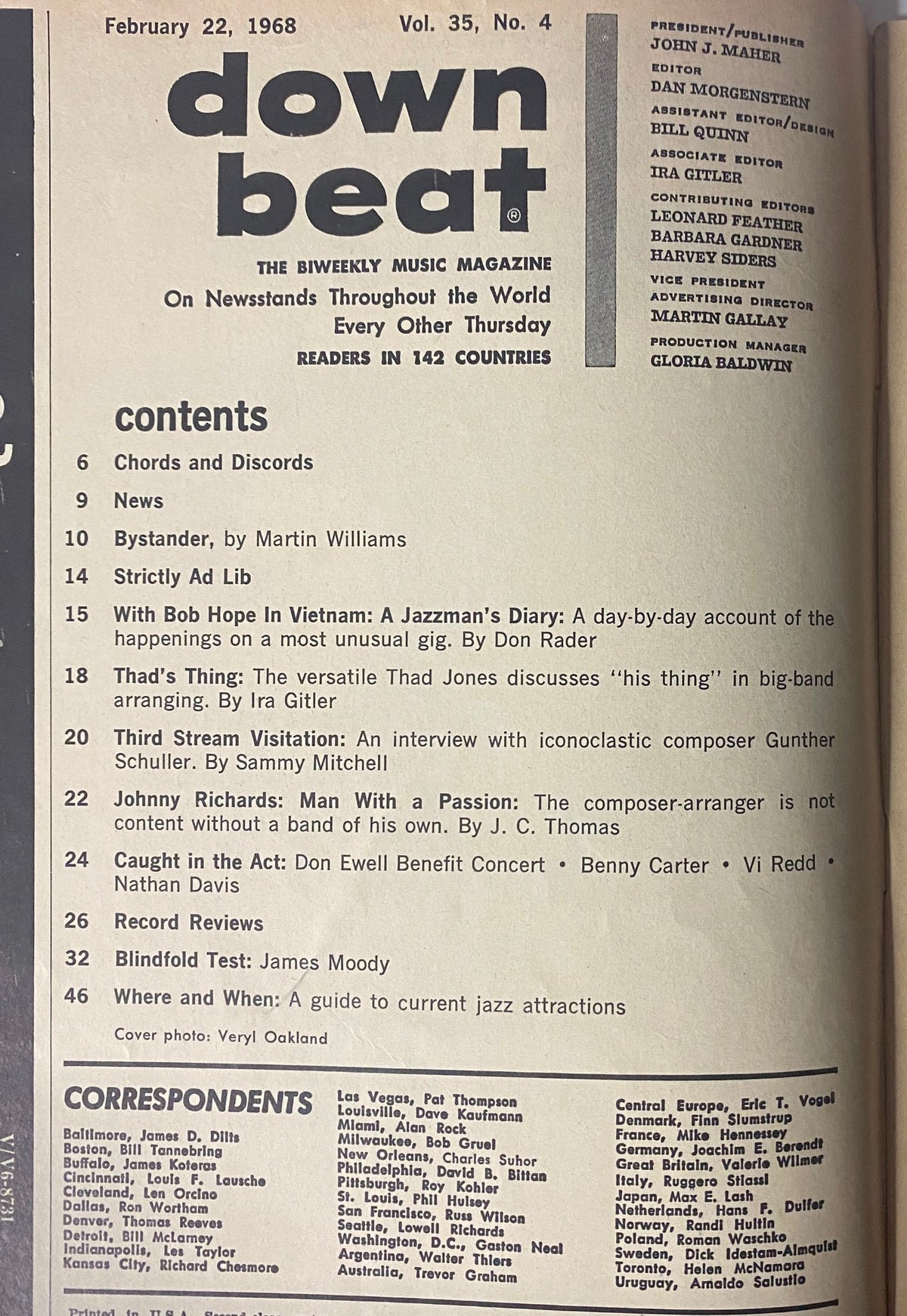 Inside page of Down Beat Magazine February 22, 1968 displaying the contents section, detailing articles including 'With Bob Hope In Vietnam: A Jazzman’s Diary' and 'Thad’s Thing' by Ira Gitler.