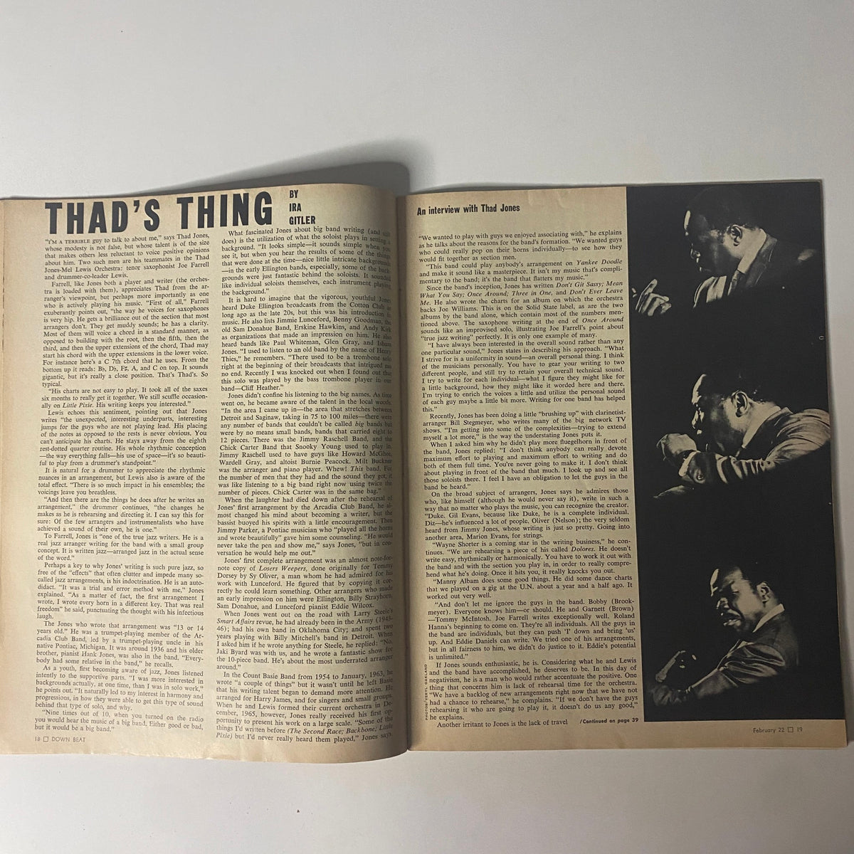 Article page in Down Beat Magazine February 22, 1968 titled 'Thad’s Thing' featuring an interview with Thad Jones and an exploration of his big-band arranging style.
