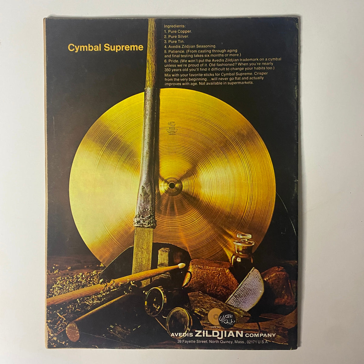 Back cover of Down Beat Magazine March 21, 1968 featuring the Avedis Zildjian Company's advertisement for cymbals and their premium craftsmanship.