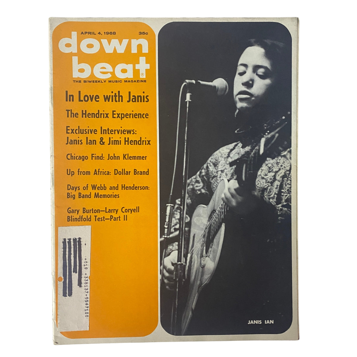 Cover of Down Beat Magazine dated April 4, 1968 featuring the title 'In Love with Janis Ian' and a photograph of Janis Ian performing with a guitar.
