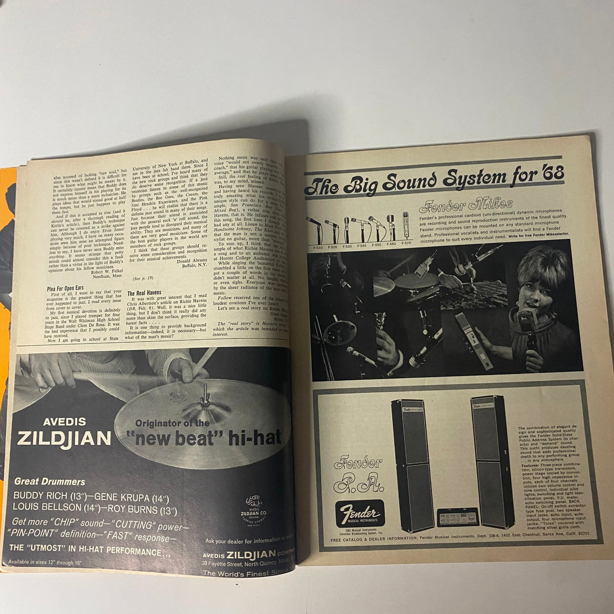 Inside pages from the Down Beat Magazine April 4, 1968 featuring discussions on music equipment and advertisements, highlighting the magazine's focus on the music industry during the 1960s.