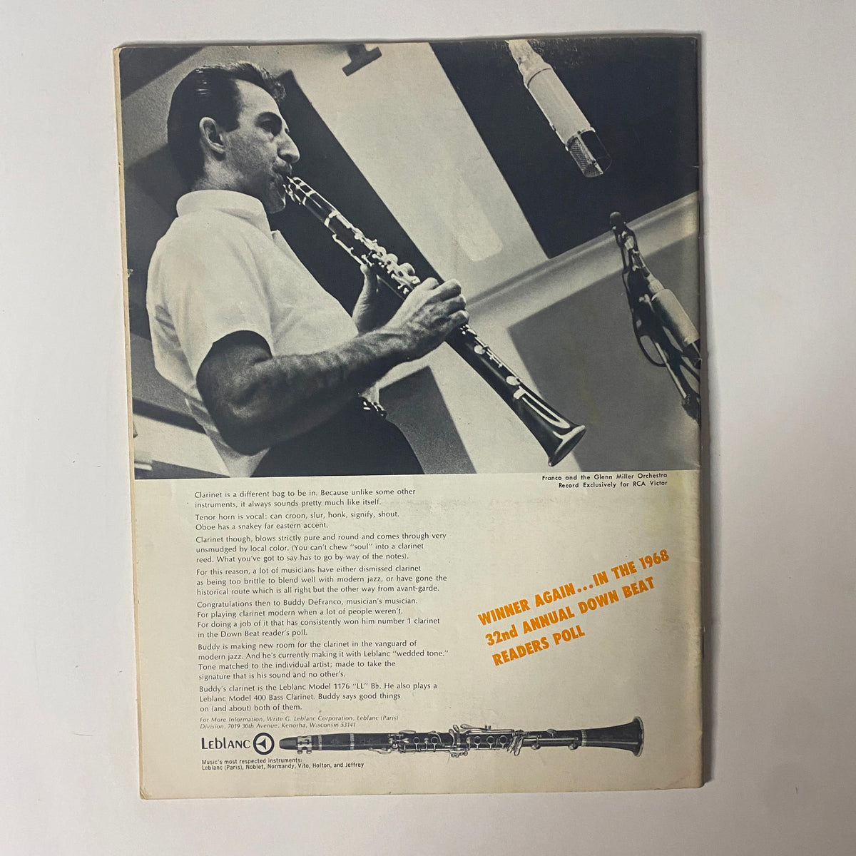 The back cover of Down Beat Magazine April 4, 1968 showcasing a musician playing the clarinet, highlighting the magazine's connection to various musical instruments and artist profiles.