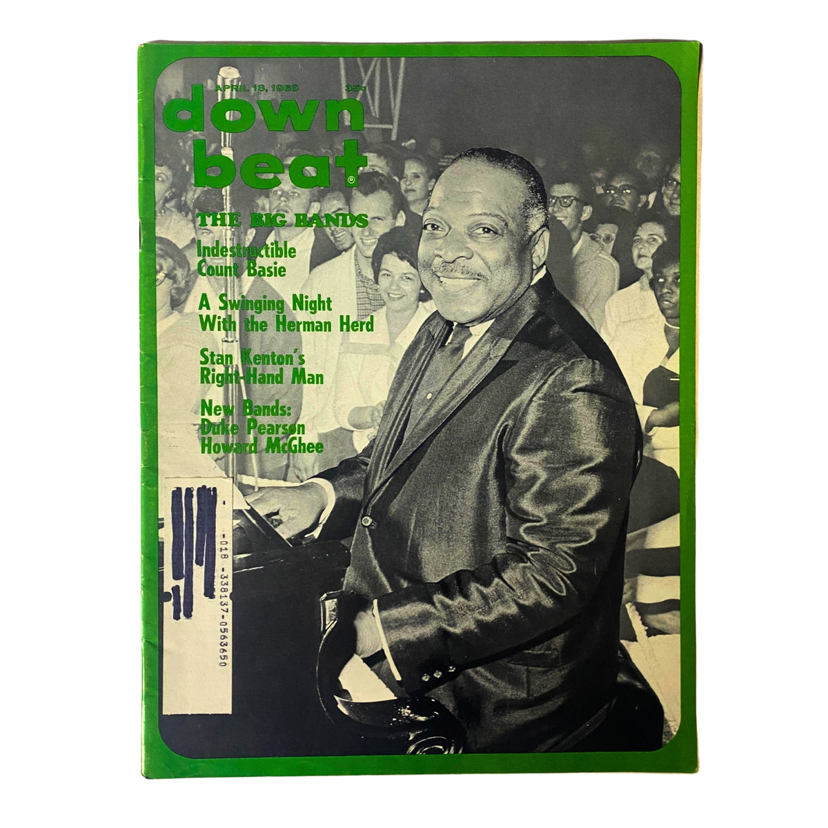 Cover of Down Beat Magazine April 18, 1968 featuring Count Basie as the main subject, highlighting his indelible legacy in jazz music. The magazine includes articles on various notable jazz bands and musicians.