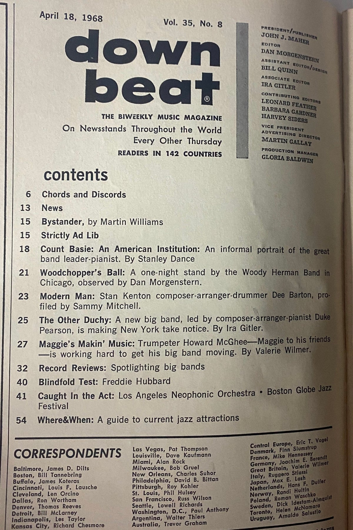 Contents page of Down Beat Magazine dated April 18, 1968. This issue includes features on jazz legend Count Basie, articles about Woody Herman, Stan Kenton, and various jazz music sections.