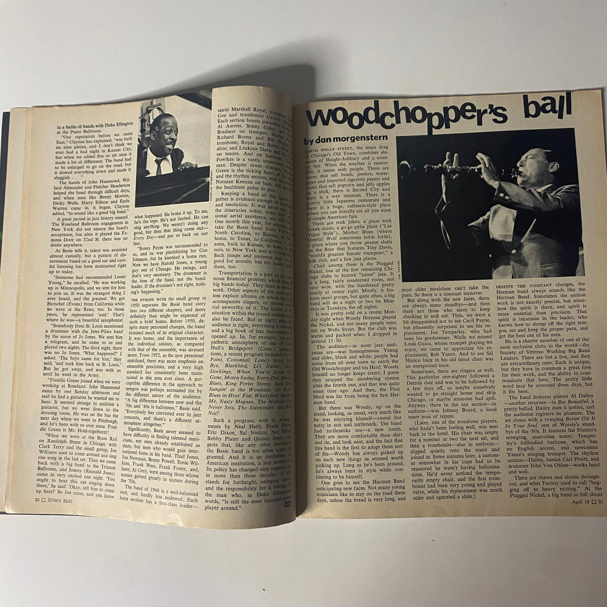 An interior page from Down Beat Magazine April 18, 1968 showcasing the article 'Woodchopper's Ball' written by Dan Morgenstern, detailing the significance of jazz performances during that era.