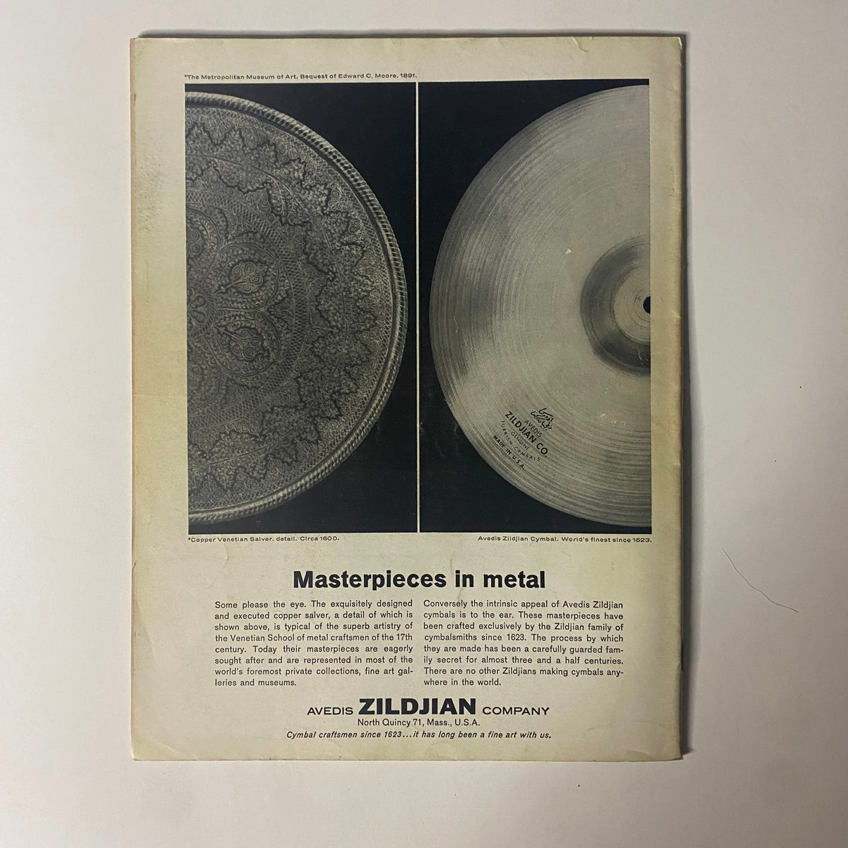 Vintage advertisement titled 'Masterpieces in Metal' featuring two detailed images: a decorative copper Venetian salver from the 17th century and an Avedis Zildjian cymbal, promoting the quality craftsmanship of Zildjian cymbals, in the context of Count Basie and Down Beat Magazine, April 18, 1968.