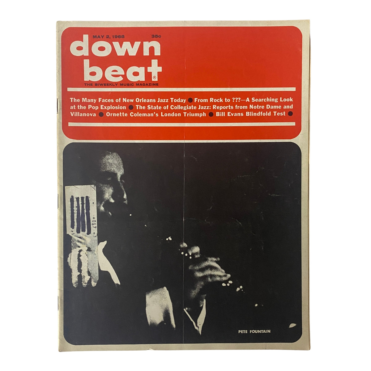 Cover of Down Beat Magazine, May 2, 1968, Vol 35 No. 9 featuring Pete Fountain, showcasing topics on New Orleans jazz and the evolving music scene.