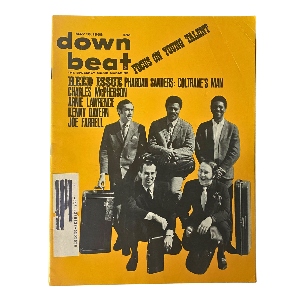 Cover of Down Beat Magazine May 16, 1968 featuring jazz musicians Charles McPherson, Arnie Lawrence, Joe Farrell, and others, highlighting a focus on young jazz talent.