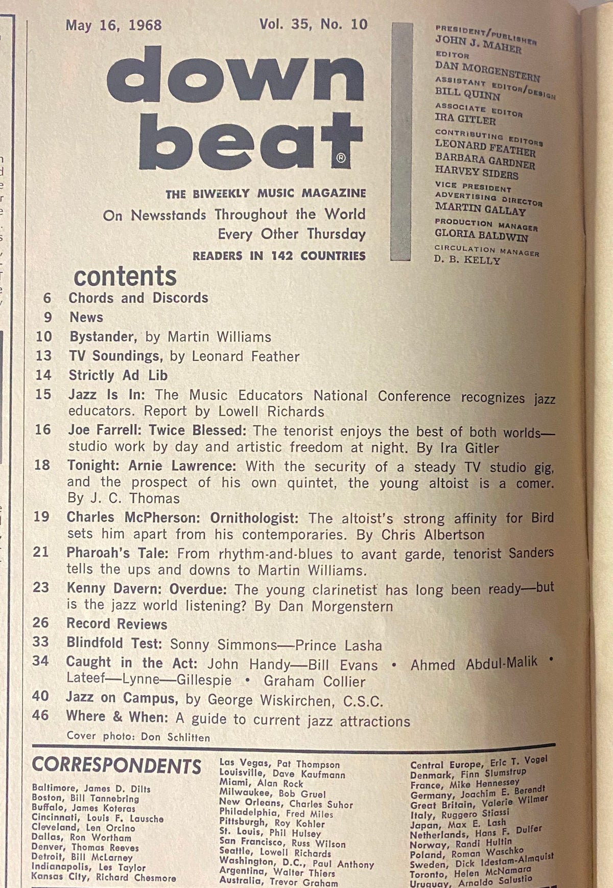 Contents page of Down Beat Magazine May 16, 1968, detailing articles including features on Charles McPherson, Joe Farrell, and jazz education.