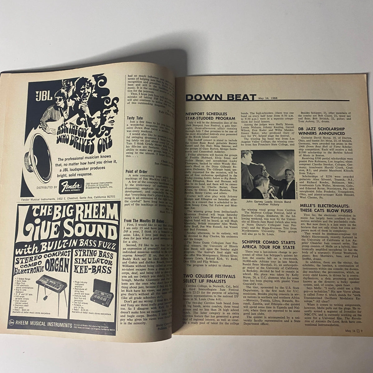 Inside pages of Down Beat Magazine May 16, 1968, showcasing articles and advertisements related to jazz music and musicians.